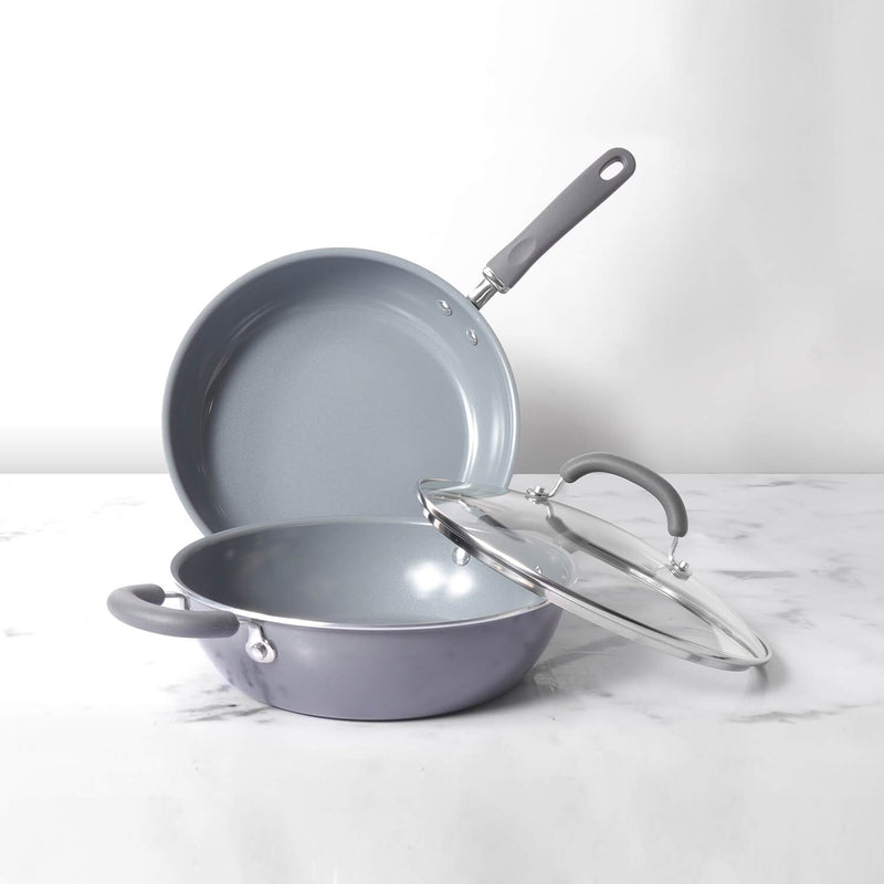 Meyer Anzen Ceramic Coated Cookware 3-Piece Set - 20cm Frypan + Wok/Kadai with Interchangeable Lid