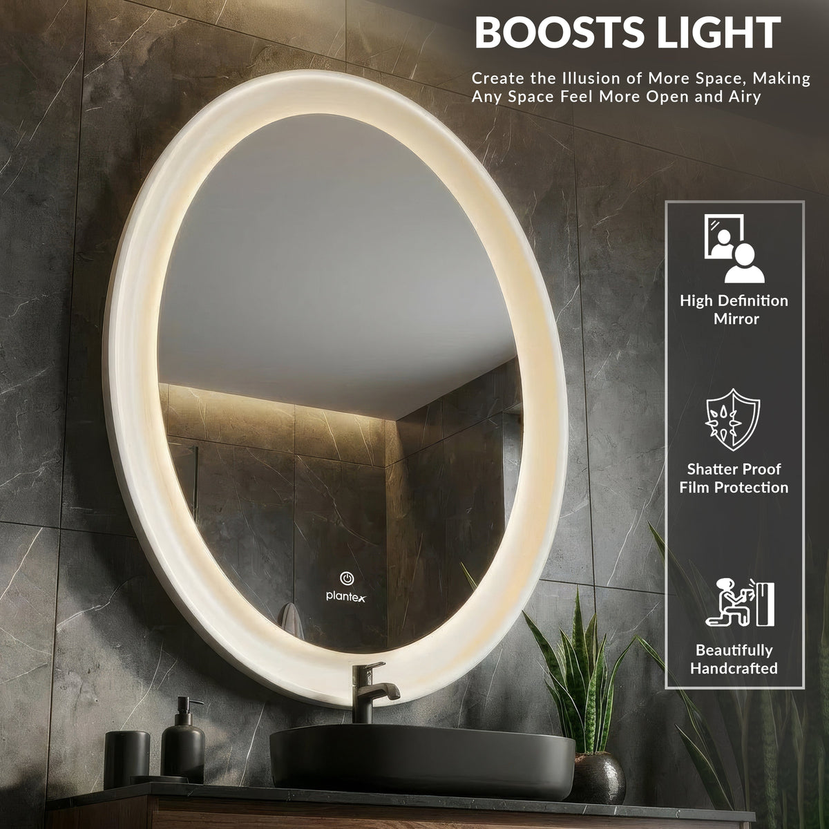Plantex Resin Frame LED Bathroom Mirror/Designer Mirror for Living Room/Bathroom Mirror with LED Light/Dressing Room - Oval Shape (White, 32 x 24 Inch)-3