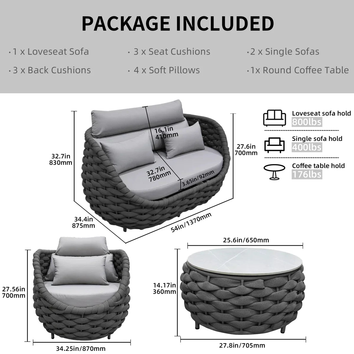 Eiva Outdoor Sofa Set 2 Seater, 2 Single seater and 1 Center Table (Light Grey) Braided & Rope