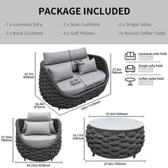 Eiva Outdoor Sofa Set 2 Seater, 2 Single seater and 1 Center Table (Light Grey) Braided & Rope