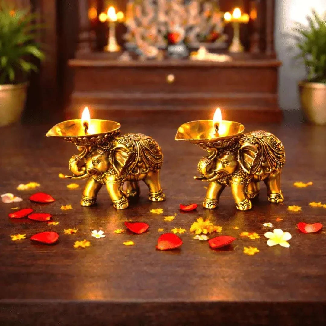 Brass Lightweight Elephant Standing Diya Pair