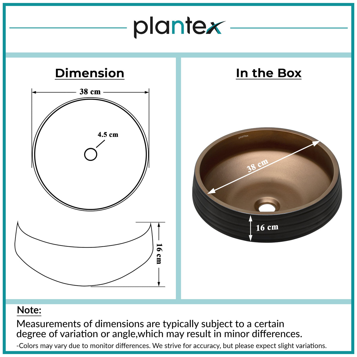 Plantex Designer Ceramic Basin/Table Top Wash Basin for Bathroom/Countertop Vessel Sink Basin for Home/Office/Restaurant (Black & Bronze - 15 x 15 x 6 Inch)-2