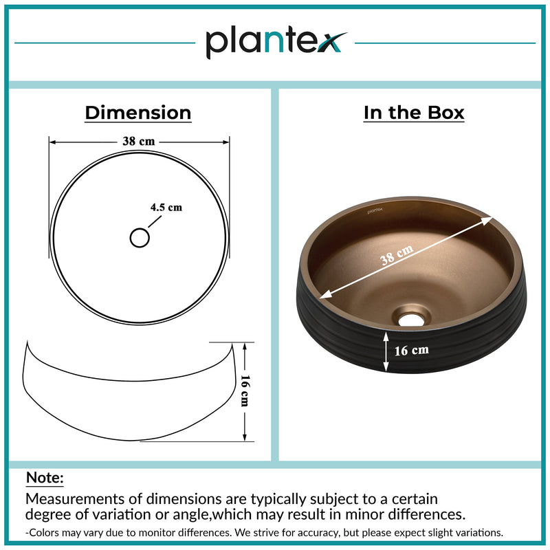 Plantex Designer Ceramic Basin/Table Top Wash Basin for Bathroom/Countertop Vessel Sink Basin for Home/Office/Restaurant (Black & Bronze - 15 x 15 x 6 Inch)-2