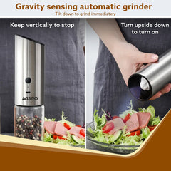 AGARO Gravity Salt & Pepper Automatic Grinder, Refillable, Adjustable Coarseness, Gravity Electric Salt Pepper Mill & Sh