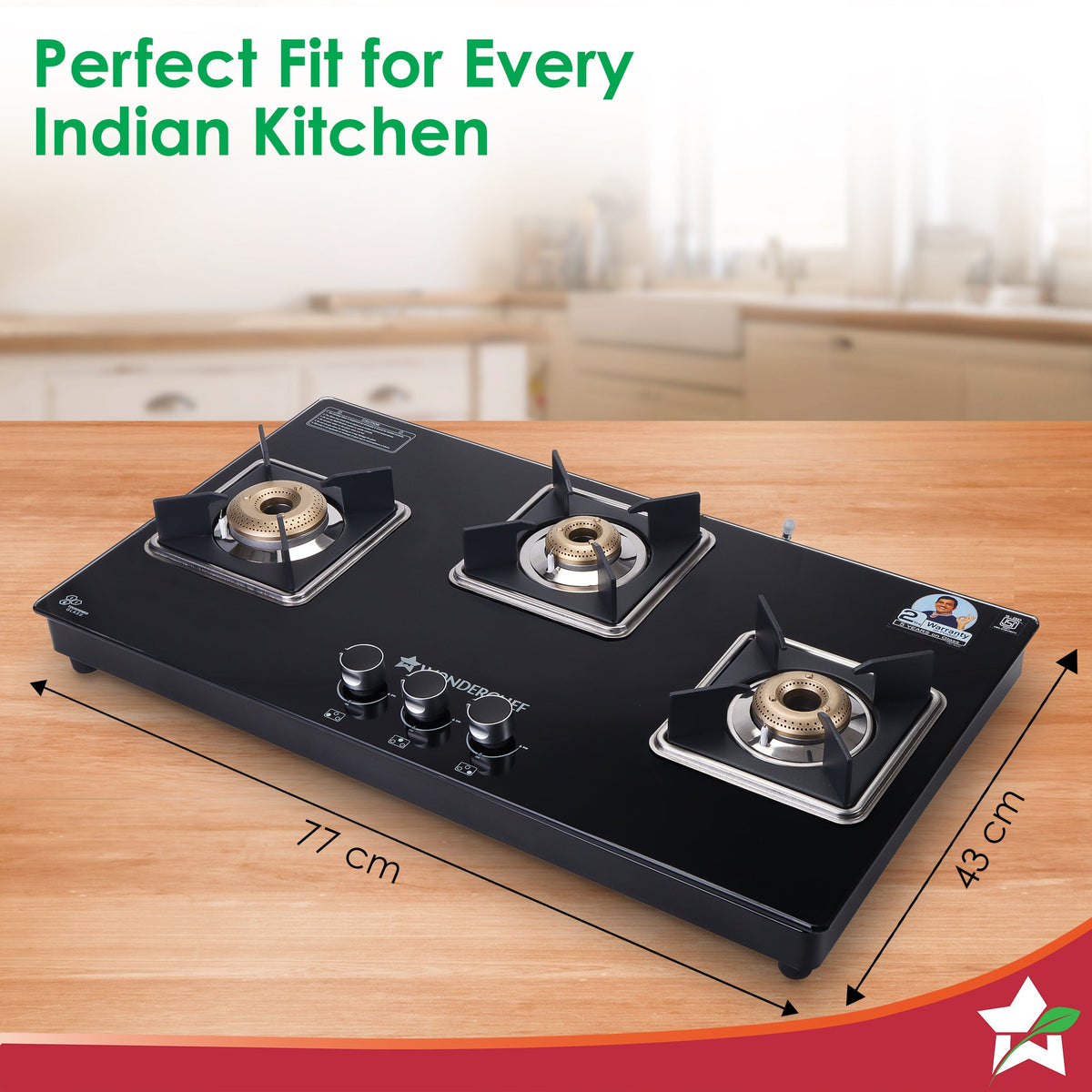 Wonderchef Octavia 3 Burner Glass Hob Top Auto Cooktop | 8mm Toughened Glass | Auto Ignition | Forged Brass Burners | St