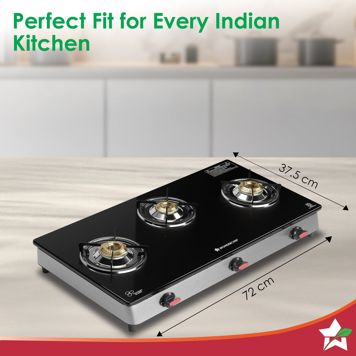 Wonderchef Galaxy 3 Burner Auto Gas Stove | 6mm Toughened Glass | Piezo Auto Ignition | 2 Years Warranty