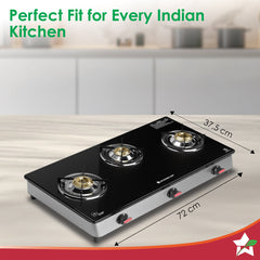 Wonderchef Galaxy 3 Burner Auto Gas Stove | 6mm Toughened Glass | Piezo Auto Ignition | 2 Years Warranty