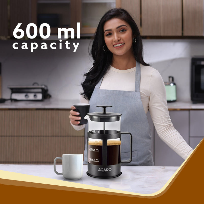 AGARO Delite French Press Coffee And Tea Maker, Borosilicate Glass Body With Sleeves, Glass Carafe, BPA Free Plastic Lid