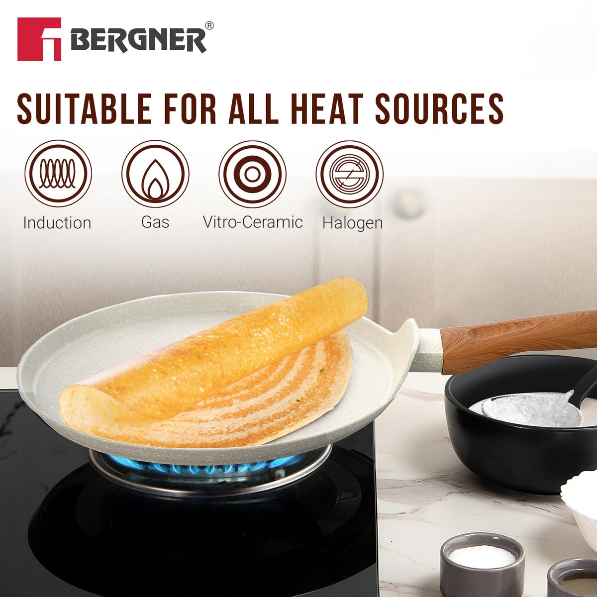Bergner Ivory Granite Non-Stick 28cm Dosa Tawa, Forged Aluminium