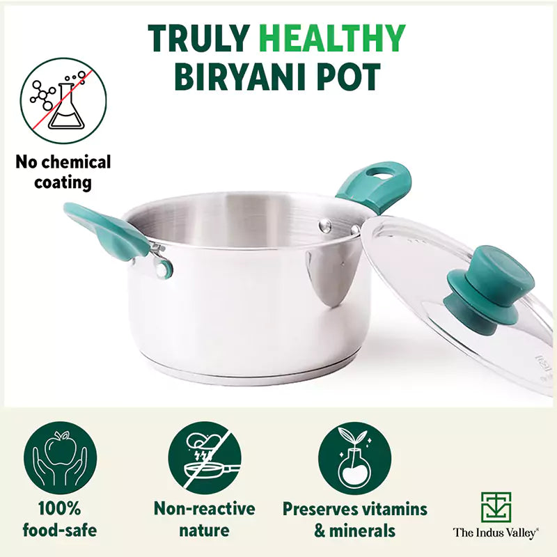 Tri-Steel Stainless Steel Biryani Pot+ Lid, Premium Quality, Tri-ply (3 Layer) Bottom, Soft-touch Handles, 100% Toxin-free, Non-stick, Induction & Gas, 1.5/2.3L, 16/18cm