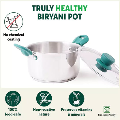Tri-Steel Stainless Steel Biryani Pot+ Lid, Premium Quality, Tri-ply (3 Layer) Bottom, Soft-touch Handles, 100% Toxin-free, Non-stick, Induction & Gas, 1.5/2.3L, 16/18cm