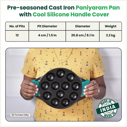 12 Pit/Cup CASTrong Cast Iron Paniyaram/Appe Pan, Pre-seasoned, with Double Handle Silicone Grip,Toxin-free, 20.8 cm, 2.2 kg