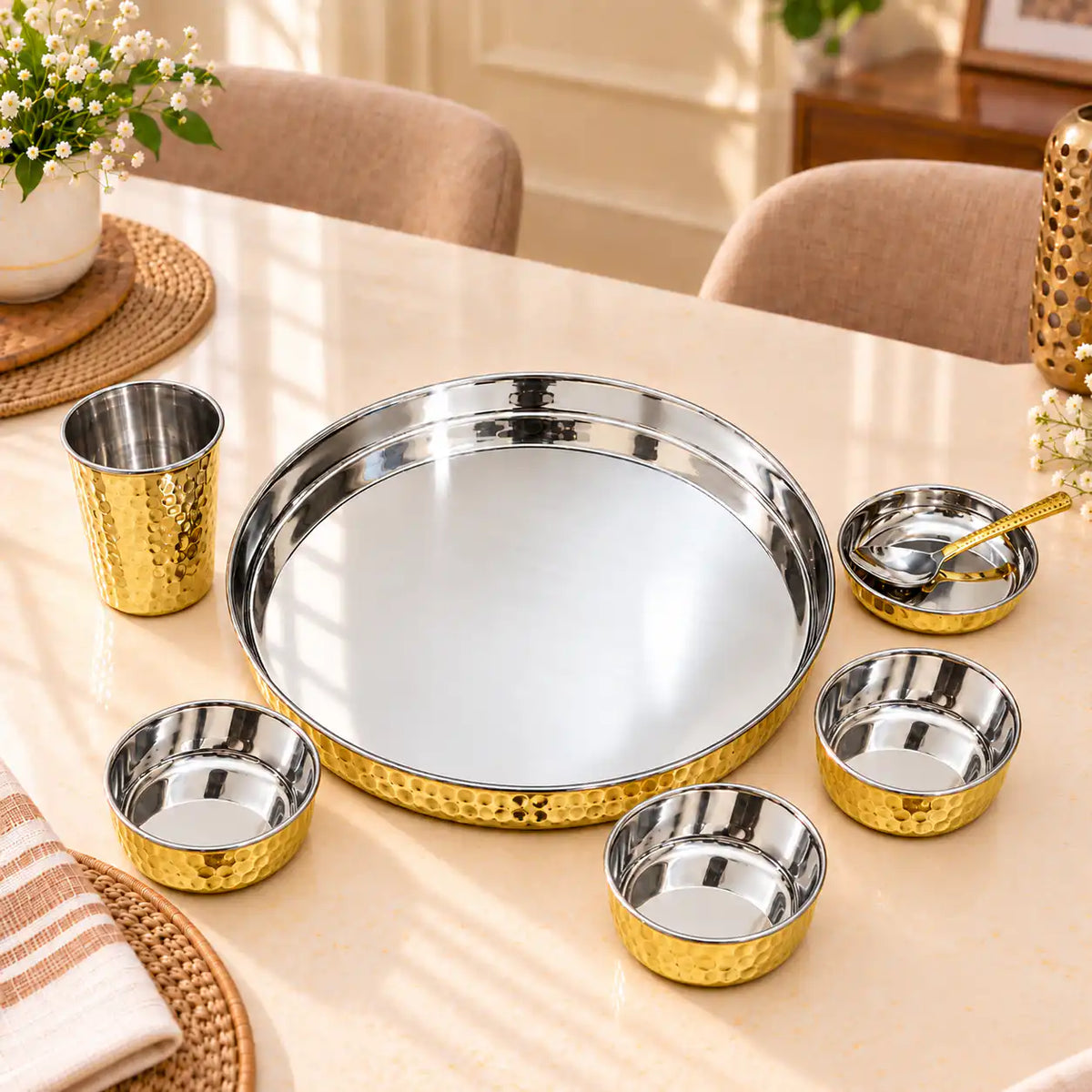 Copper/Brass Hammered Thali/Dinner Set