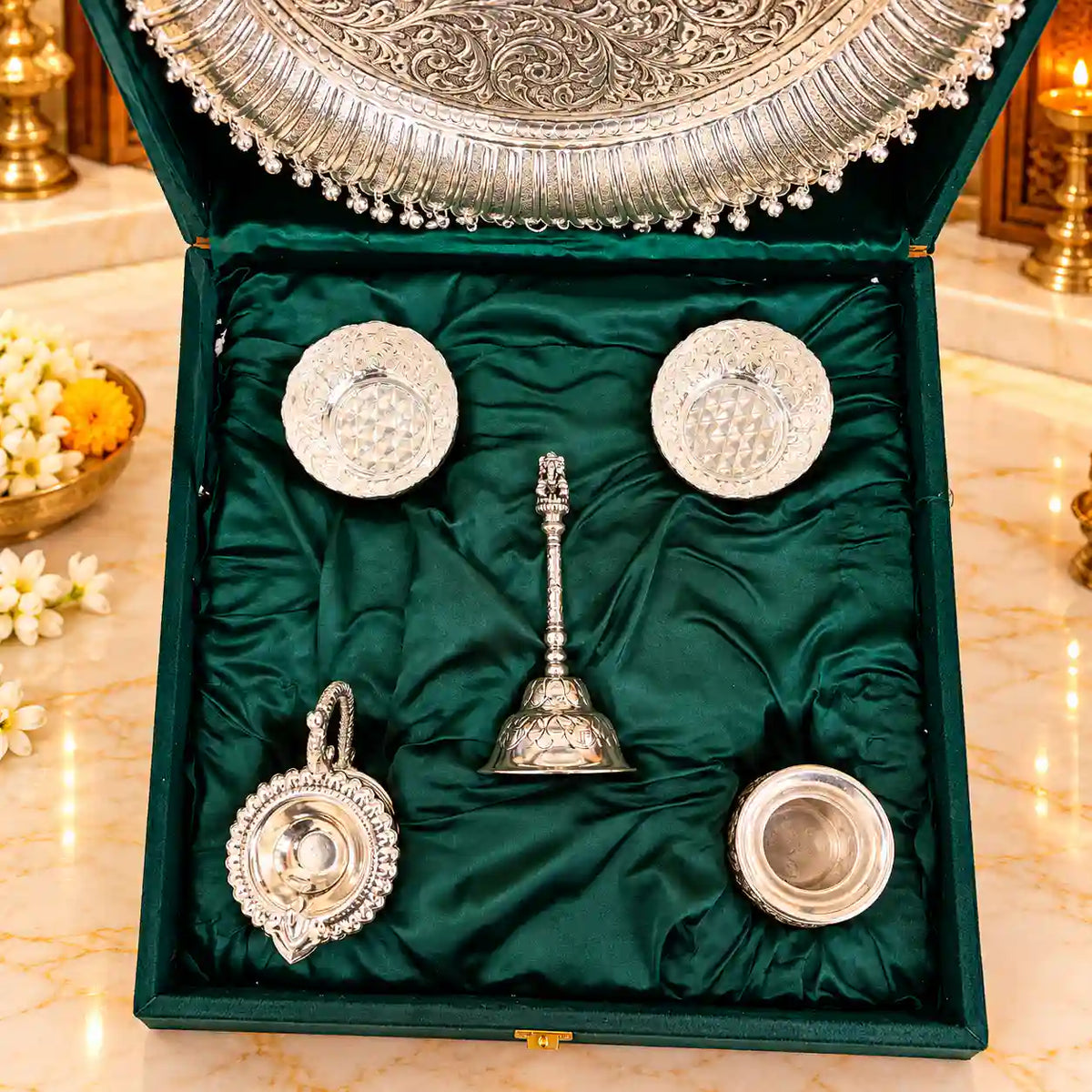 Brass Silver Plated Pooja Thali Set With Velvet Box (1.9 kg)