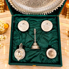 Brass Silver Plated Pooja Thali Set With Velvet Box (1.9 kg)