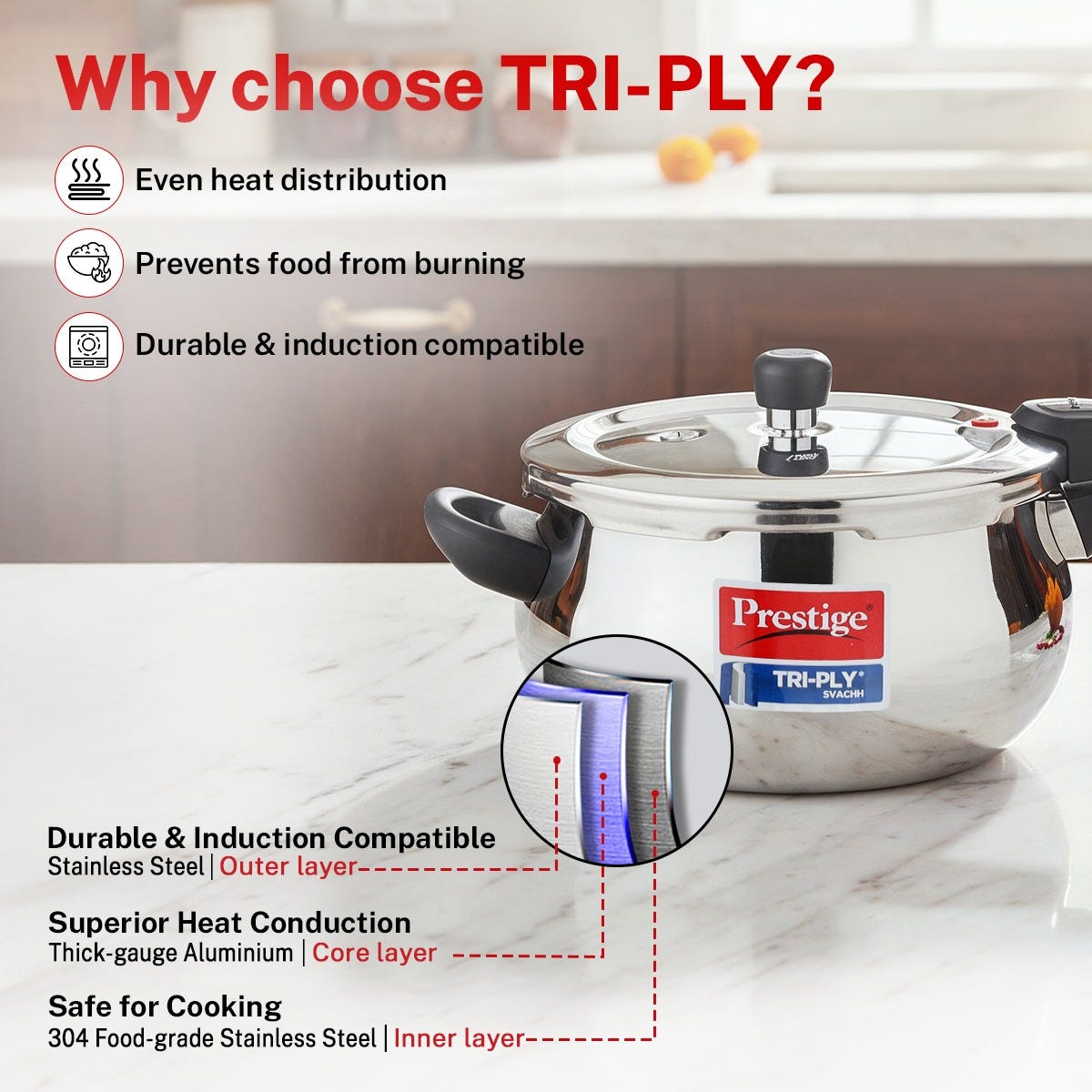 PRESTIGE SVACHH TRI-PLY HANDI PRESSURE COOKER 3 LITRE, Prestige Platina Popular Stainless Steel Unique Impact Forged Bottom Kadai with Toughened Glass Lid, 24cm (2.8 L) (Silver)