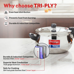 PRESTIGE SVACHH TRI-PLY HANDI PRESSURE COOKER 3 LITRE, Prestige Platina Popular Stainless Steel Unique Impact Forged Bottom Kadai with Toughened Glass Lid, 24cm (2.8 L) (Silver)