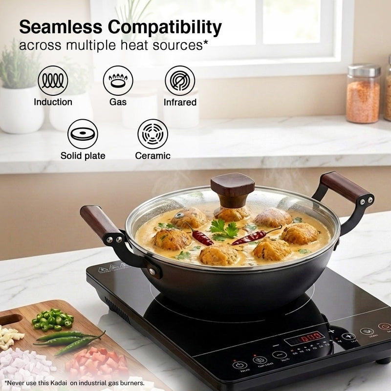 Prestige Castlite Nitride Cast Iron Fry Pan 20cm/0.9L, Rust-Proof, Chemical-Free + Prestige Castlite Lightweight Cast Iron Kadai 24cm/2.4L with Glass Lid, Enamel Coated, Gas & Induction, 15Y Warranty