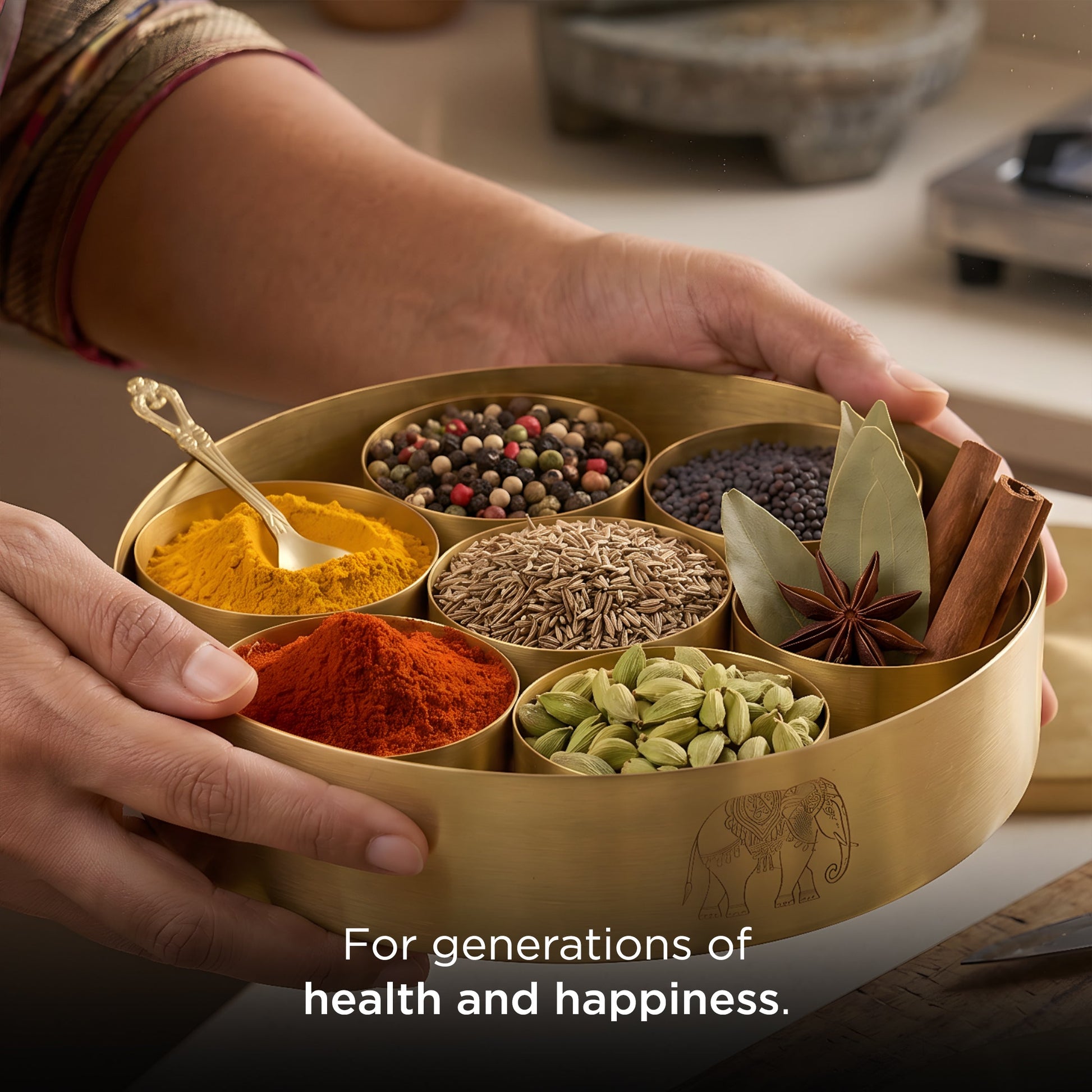 Handcrafted Brass Masala Box • 7 Compartments and a Spoon (पीतल की मसाला दानी) | Total Weight: ~1.2 kg