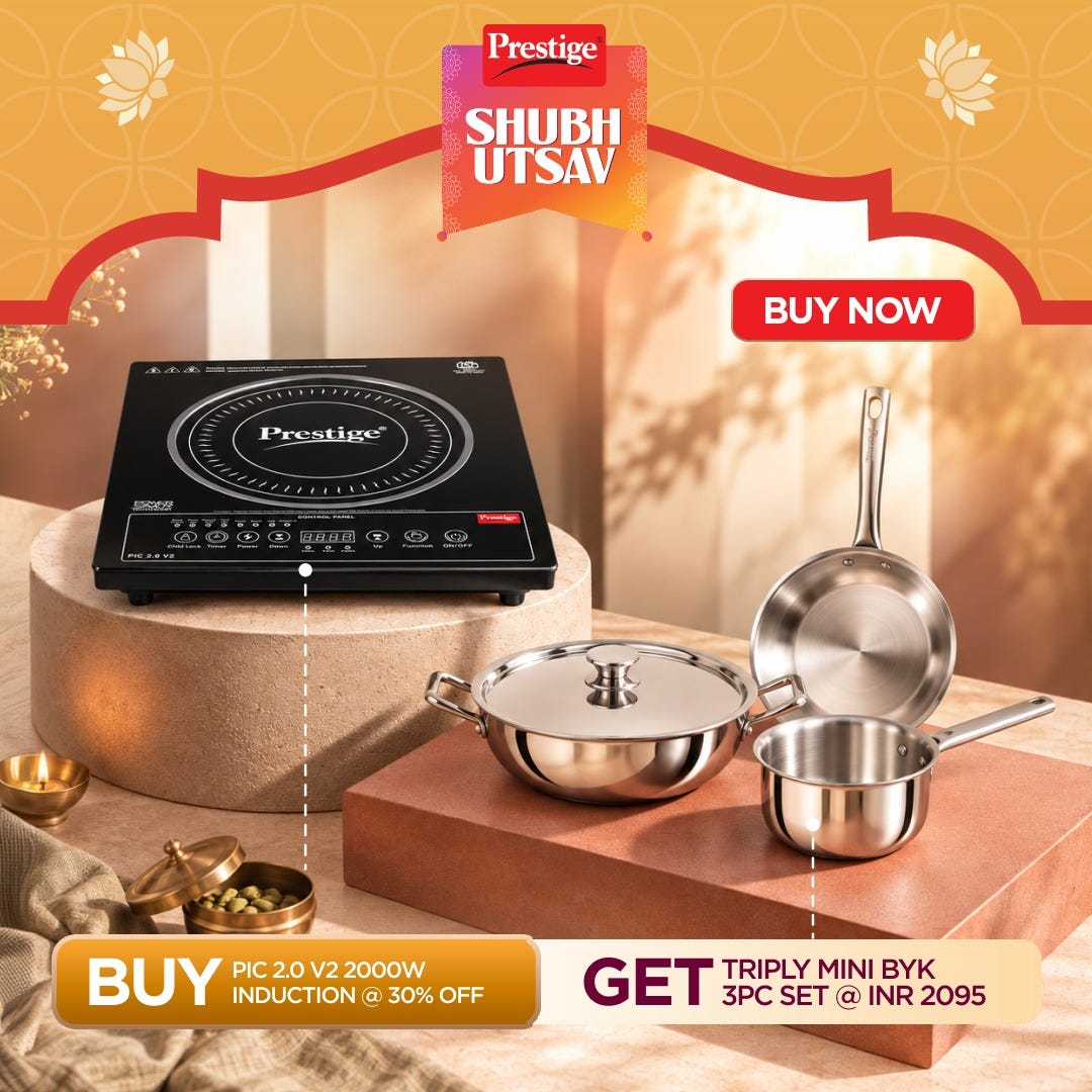 Prestige PIC 2.0 V2 Induction Cooktop 2000W with Indian Menu Options, Black + Prestige TRIPLY Splendid 4 Pc Cookware Set: Fry Pan 22cm, Kadai 22cm, Saucepan 14cm, SS Lid 24cm, 15Y Warranty