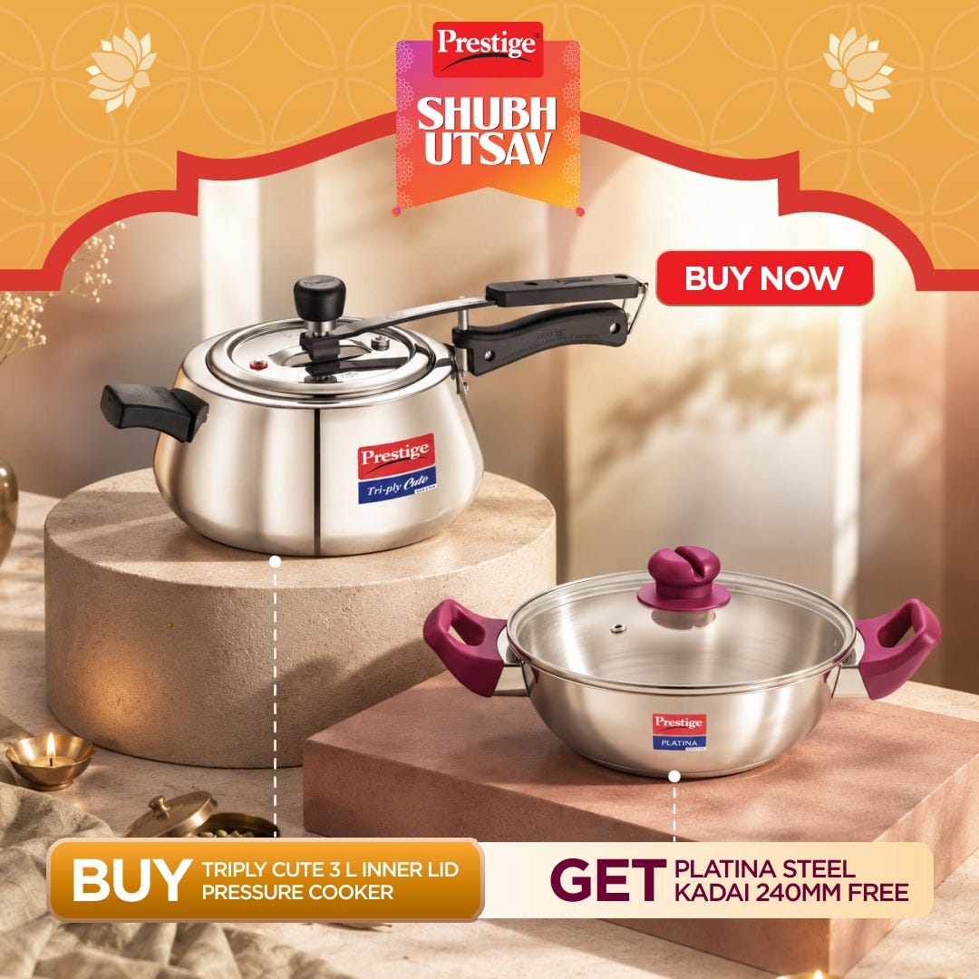 Prestige 3 Litre TRIPLY Cute Svachh Inner Lid Pressure Cooker, Spillage Control, Gas & Induction + Prestige Platina Popular Stainless Steel Impact Forged Bottom Kadai with Glass Lid, 24cm, 2.8 L