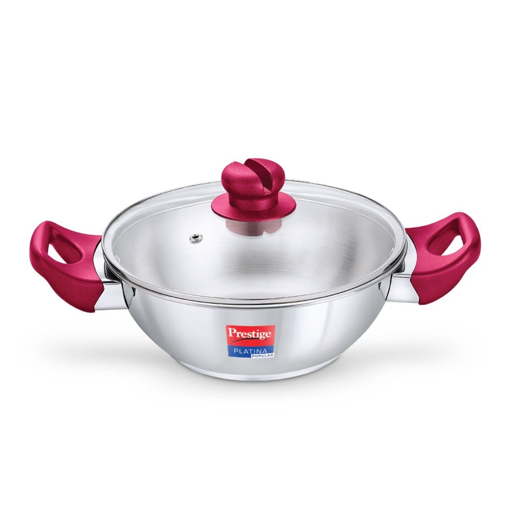 Prestige 3 Litre TRIPLY Svachh Inner Lid Pressure Cooker, Deep Lid Spillage Control, Gas & Induction + Prestige Platina Popular Stainless Steel Impact Forged Bottom Kadai with Glass Lid, 24cm, 2.8 L