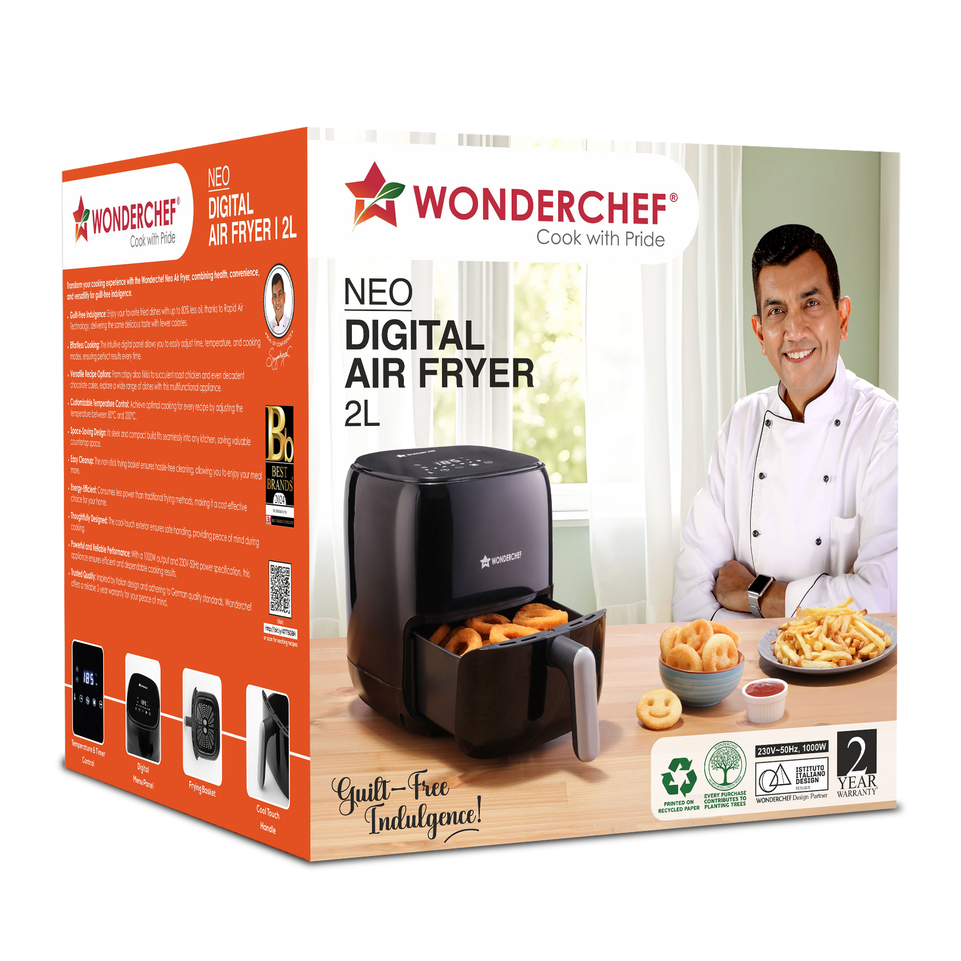 Neo Digital Air Fryer | 1000W, 2 Litres | Rapid Air Technology | Non-stick Basket | Auto Shut-off | Touch Screen | Fry, Bake, Grill, Roast | Cool Touch Handle | 2-Year Warranty | Black