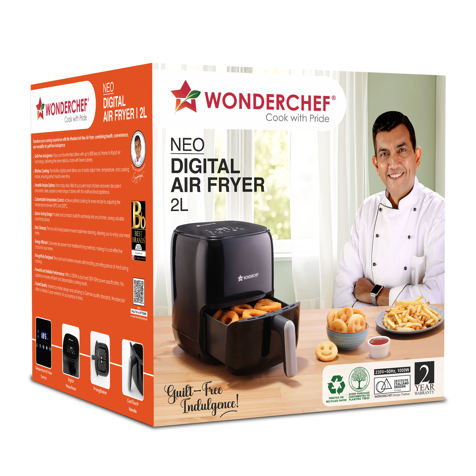 Neo Digital Air Fryer | 1000W, 2 Litres | Rapid Air Technology | Non-stick Basket | Auto Shut-off | Touch Screen | Fry, Bake, Grill, Roast | Cool Touch Handle | 2-Year Warranty | Black