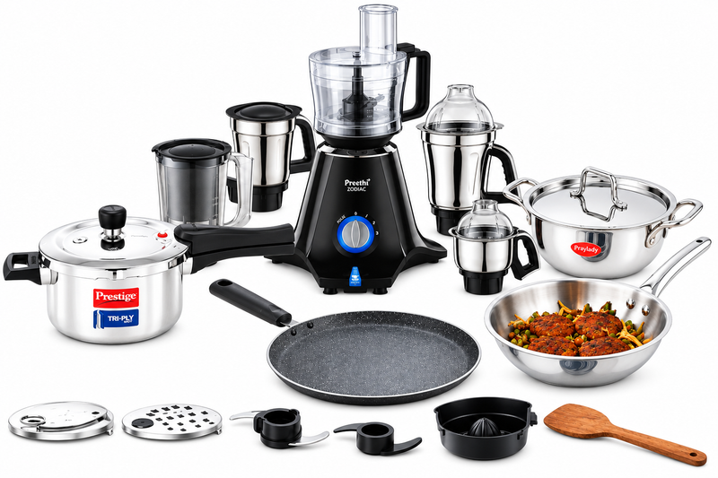 Preethi Complete Kitchen Combo | Preethi Zodiac MG-218 Mixer Grinder + Prestige Svachh Triply 3 L Cooker + Praylady Triply 3 pc Cookware Set + Prestige Granite Dosa Tawa 28 cm-1