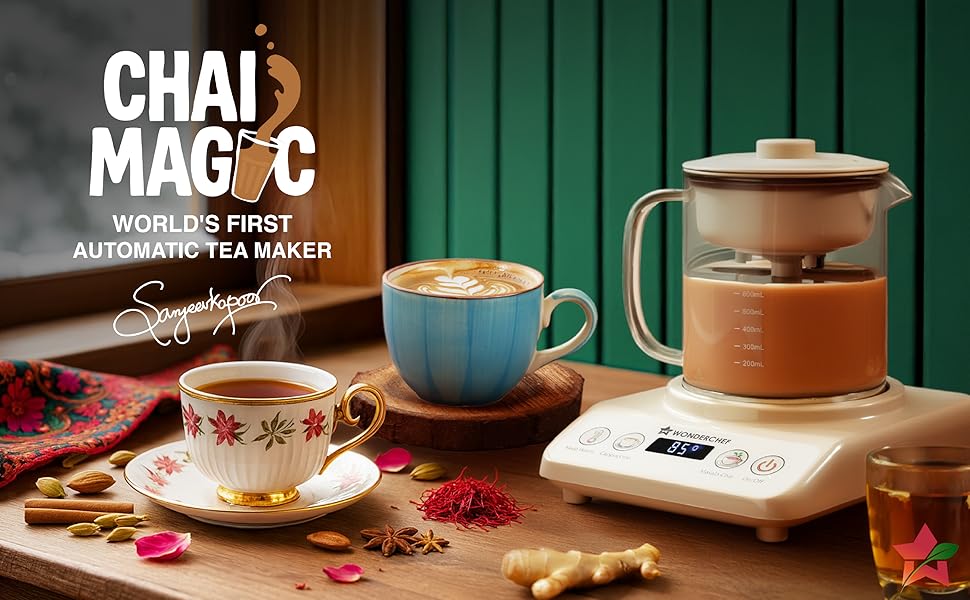 Wonderchef Chai Magic, Fully Automatic Tea & Cappuccino Maker, Make Masala Chai/Cutting Chai/Kahwa/, No Spills, No Overcooking, 4 Modes, Boil Milk/Water/Coffee, 500ML Glass Jar, 2-Yr Warranty