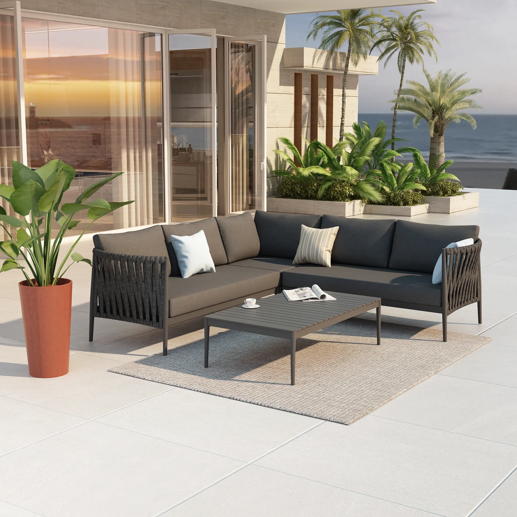 Fabian Outdoor Garden Balcony Sofa Set 5 Seater and 1 Center Table Set, Braid & Rope (Dark Grey)