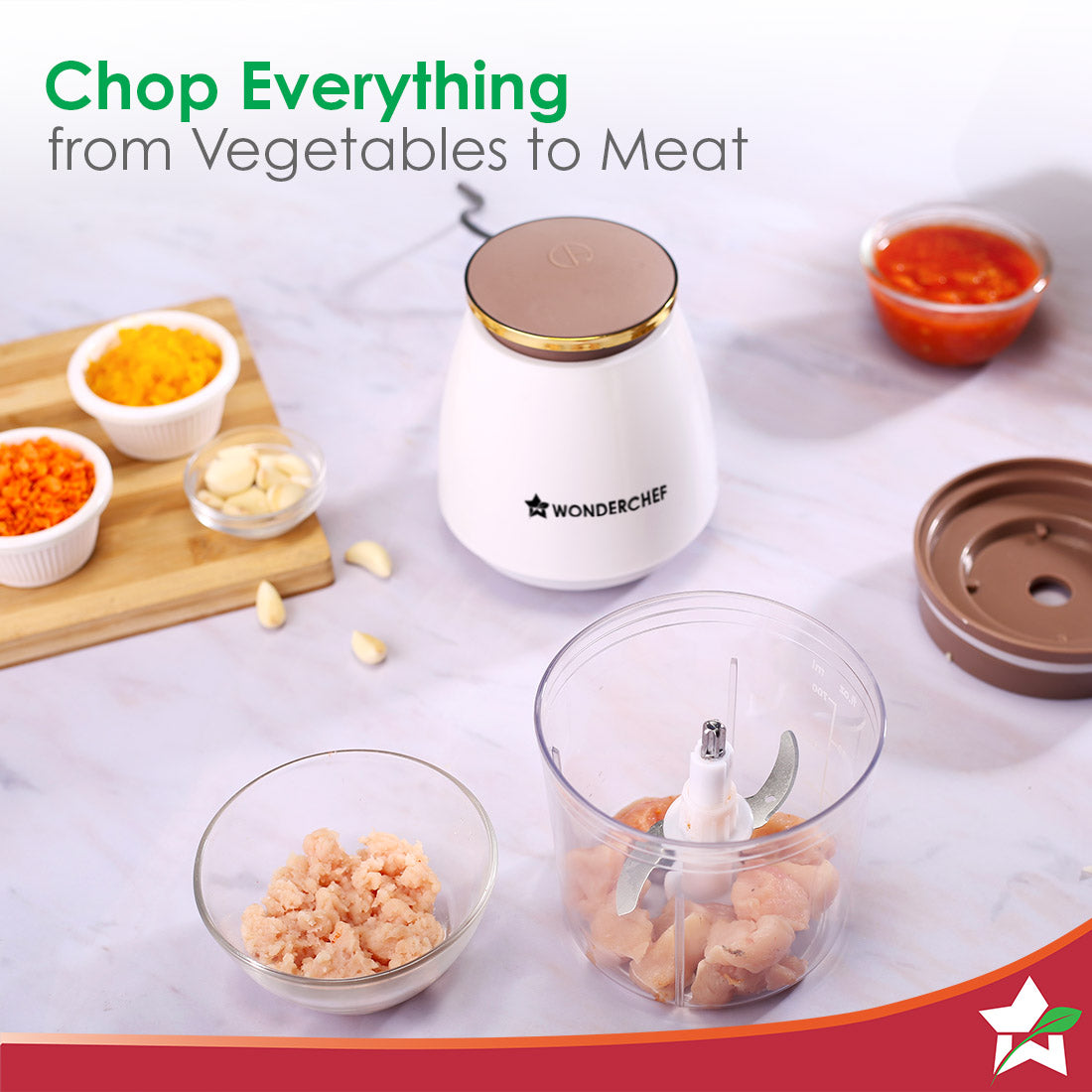 Wonderchef Nutri-chop Pearl Electric Chopper | 4 Sharp Stainless Steel Blades | 700ml | 350W | Chop and Mince Vegetables