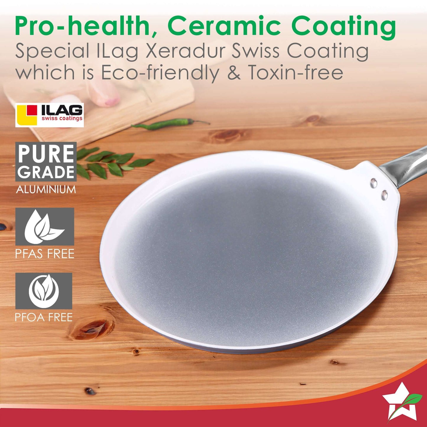 Eco-Glide Dosa Tawa | Chemical-free Ceramic Coating | 28cm | Healthy, Low Oil Meals | Scratch-resistant | Stainless-steel Handle | Gas & Induction Compatible | Grey | Easy to Clean