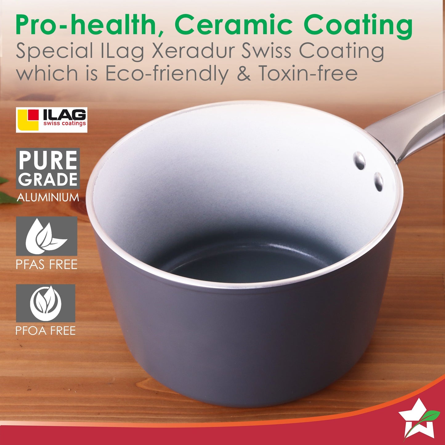 Eco-Glide Saucepan | Chemical-free Ceramic Coating | 16cm, 1.75L | Healthy, Low Oil Meals | Scratch-resistant | Stainless-steel Handle | Gas & Induction Compatible | Grey | Easy to Clean