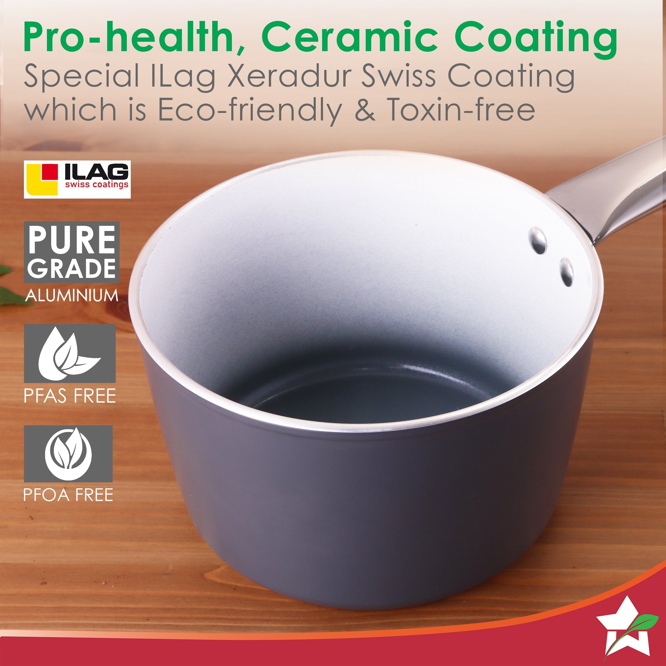 Eco-Glide Saucepan | Chemical-free Ceramic Coating | 16cm, 1.75L | Healthy, Low Oil Meals | Scratch-resistant | Stainless-steel Handle | Gas & Induction Compatible | Grey | Easy to Clean