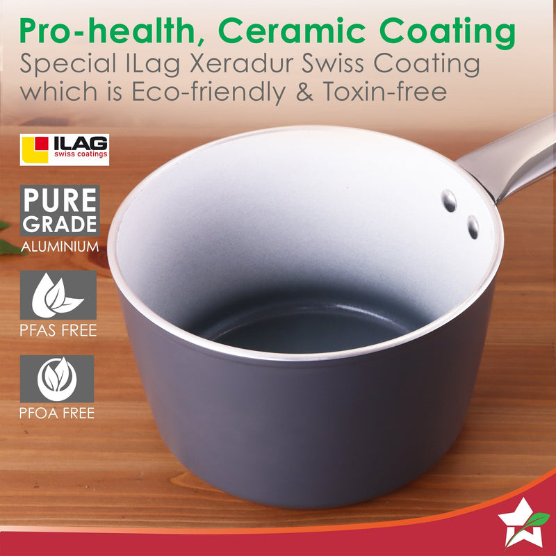 Eco-Glide Saucepan | Chemical-free Ceramic Coating | 16cm, 1.75L | Healthy, Low Oil Meals | Scratch-resistant | Stainless-steel Handle | Gas & Induction Compatible | Grey | Easy to Clean