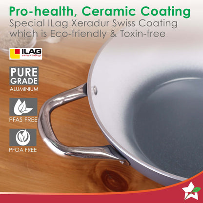 Eco-Glide Kadhai with Glass Lid | | Chemical-free Ceramic Coating | 24cm, 2.5L | Healthy, Low Oil Meals | Scratch-resistant | Stainless-steel Handle | Gas & Induction Compatible | Grey