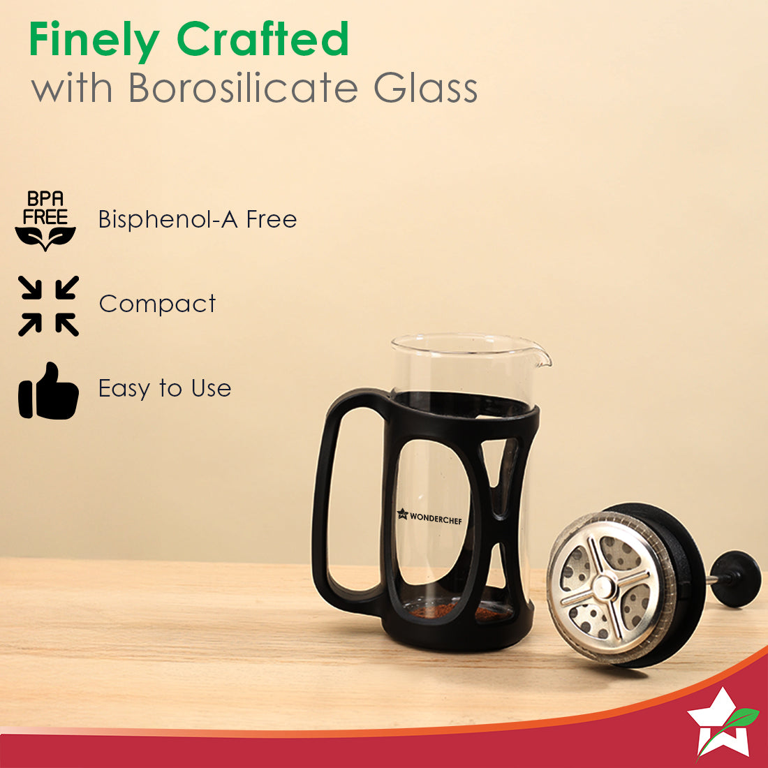 Wonderchef French Press Coffee Maker 350 ml with Milk Frother | Heat Resistant Borosilicate Glass Carafe | 18/8 Stainles