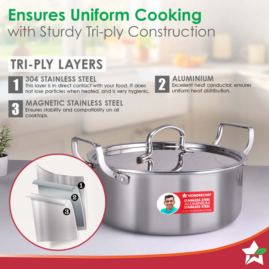 Wonderchef Stella Triply Stainless Steel Casserole with Lid | 24 cm, 4.5 Litres | Compatible with Gas Stove, Induction, 