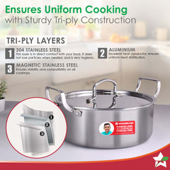 Wonderchef Stella Triply Stainless Steel Casserole with Lid | 24 cm, 4.5 Litres | Compatible with Gas Stove, Induction, 