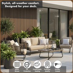Pinon Outdoor Garden Balcony Sofa Set 2 Seater , 2 Single Seater 1 Center Table Set (Beige) Braided and Rope