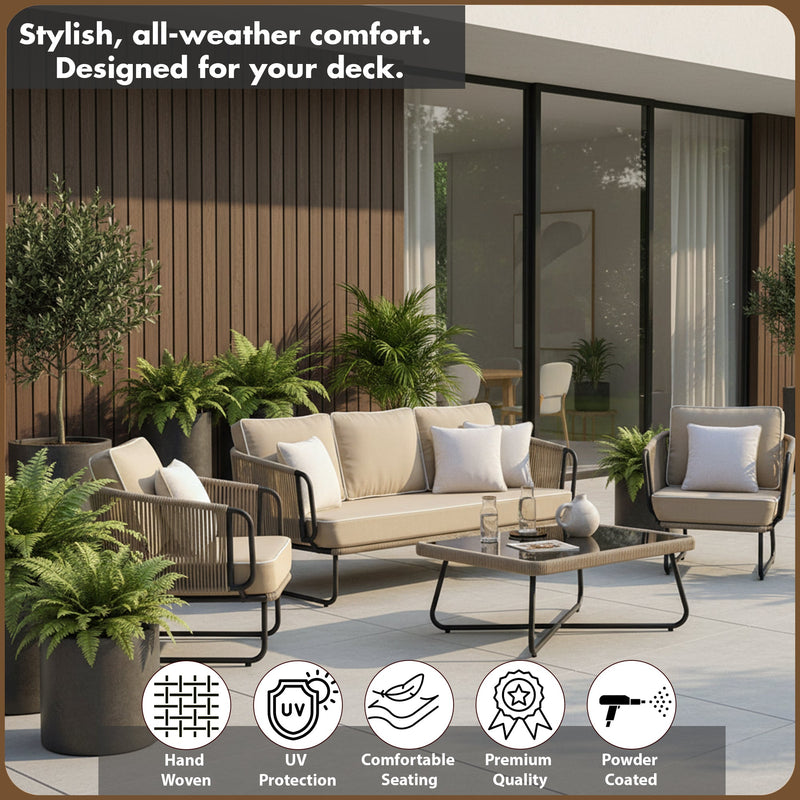 Pinon Outdoor Garden Balcony Sofa Set 2 Seater , 2 Single Seater 1 Center Table Set (Beige) Braided and Rope