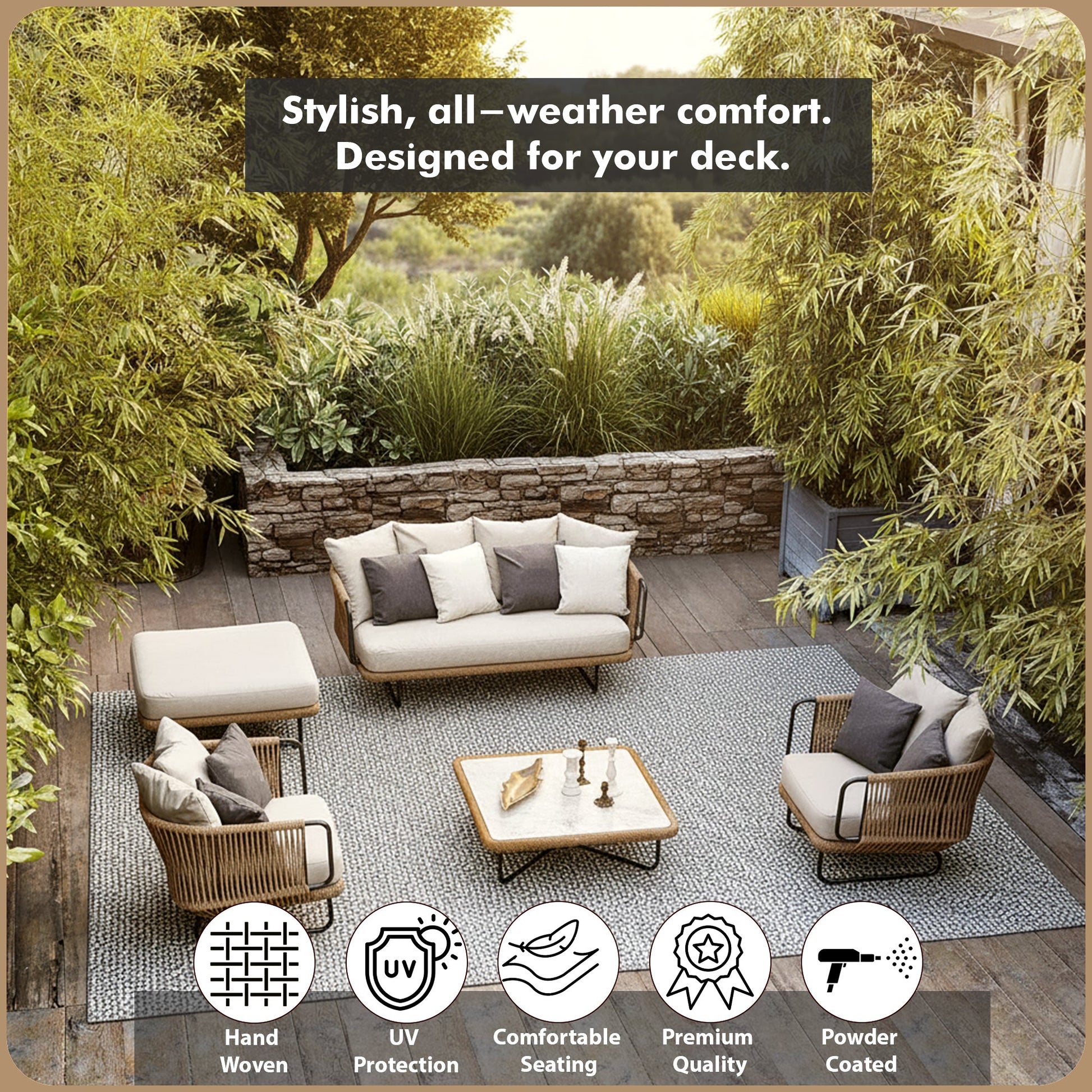 Kenly Outdoor Sofa Set 2 Seater, 2 Single seater and 1 Center Table with ottoman (Tan) Braided & Rope
