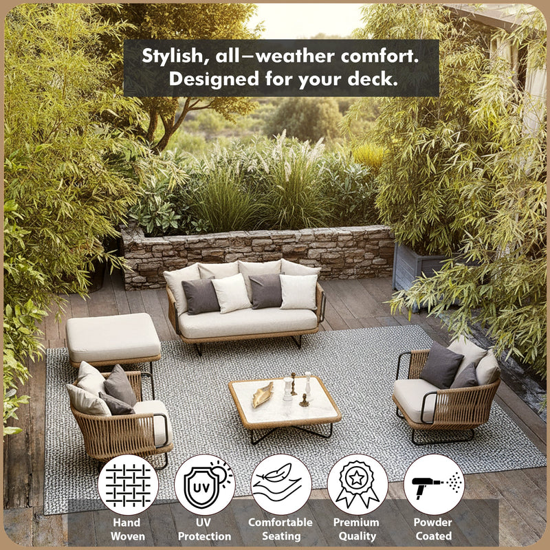 Kenly Outdoor Sofa Set 2 Seater, 2 Single seater and 1 Center Table with ottoman (Tan) Braided & Rope