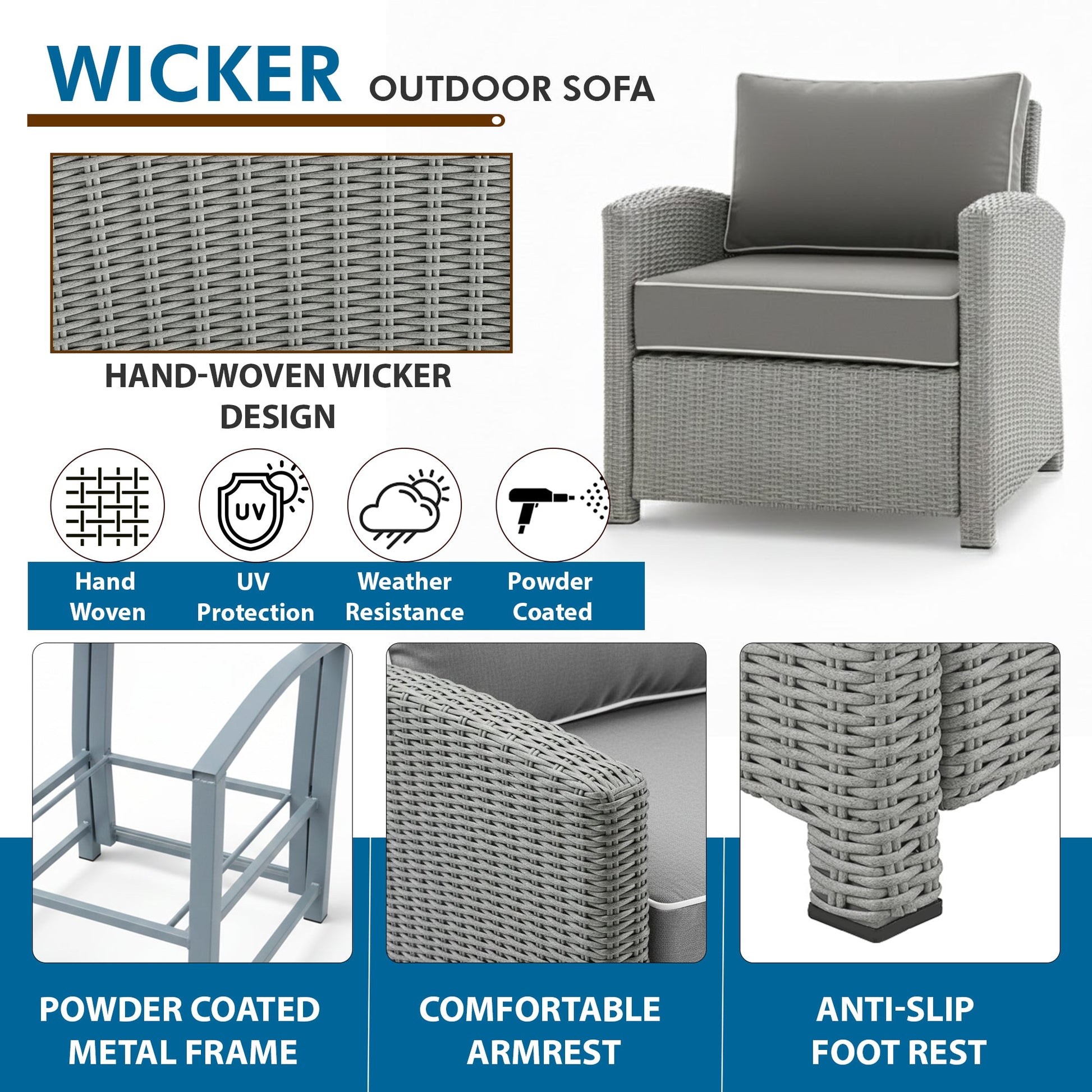 Bien Outdoor Garden Balcony Sofa Set 3 Seater, 2 Single seater, 2 Ottoman and 1 Center Table Conversation Set (Grey)