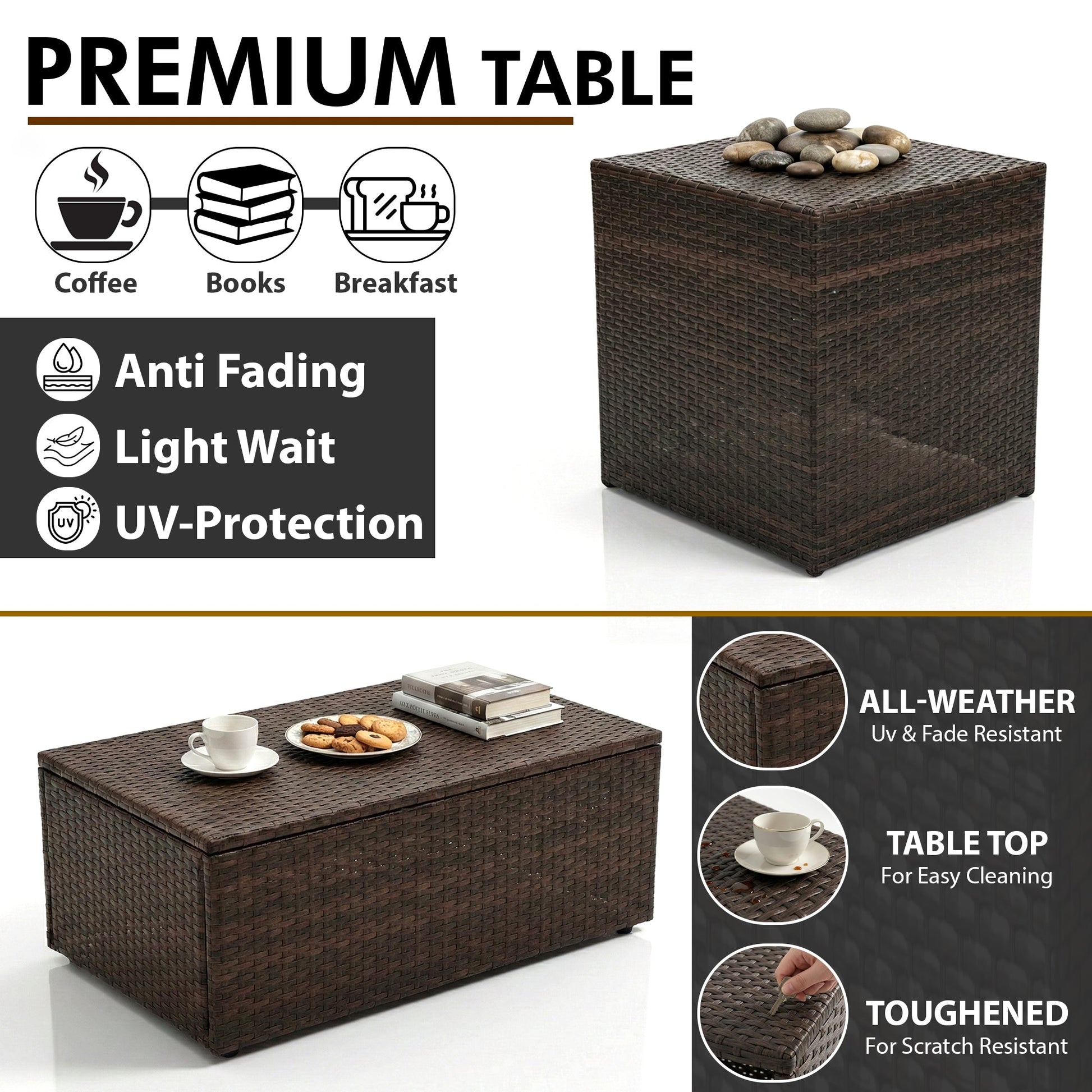 Coye Outdoor Garden Balcony Sofa Set 3 Seater, 2 Seater With 2 Single Seater and 1 Center Table With 1 Side Table Set (Brown)