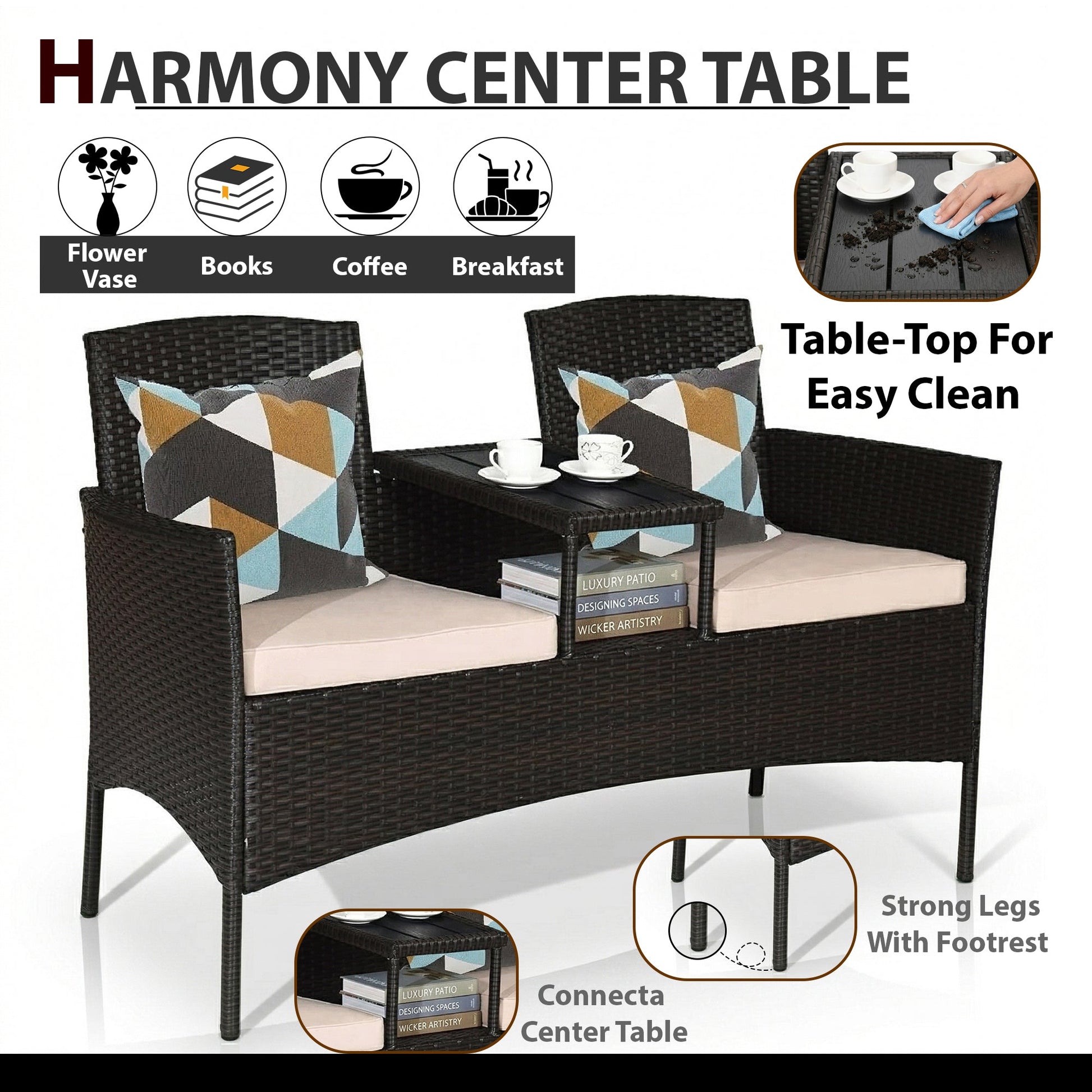 Dreamline Outdoor Furniture Garden Patio Seating Set of 2 Attached Chairs and Table Set Balcony Furniture Coffee Table Set(Black)