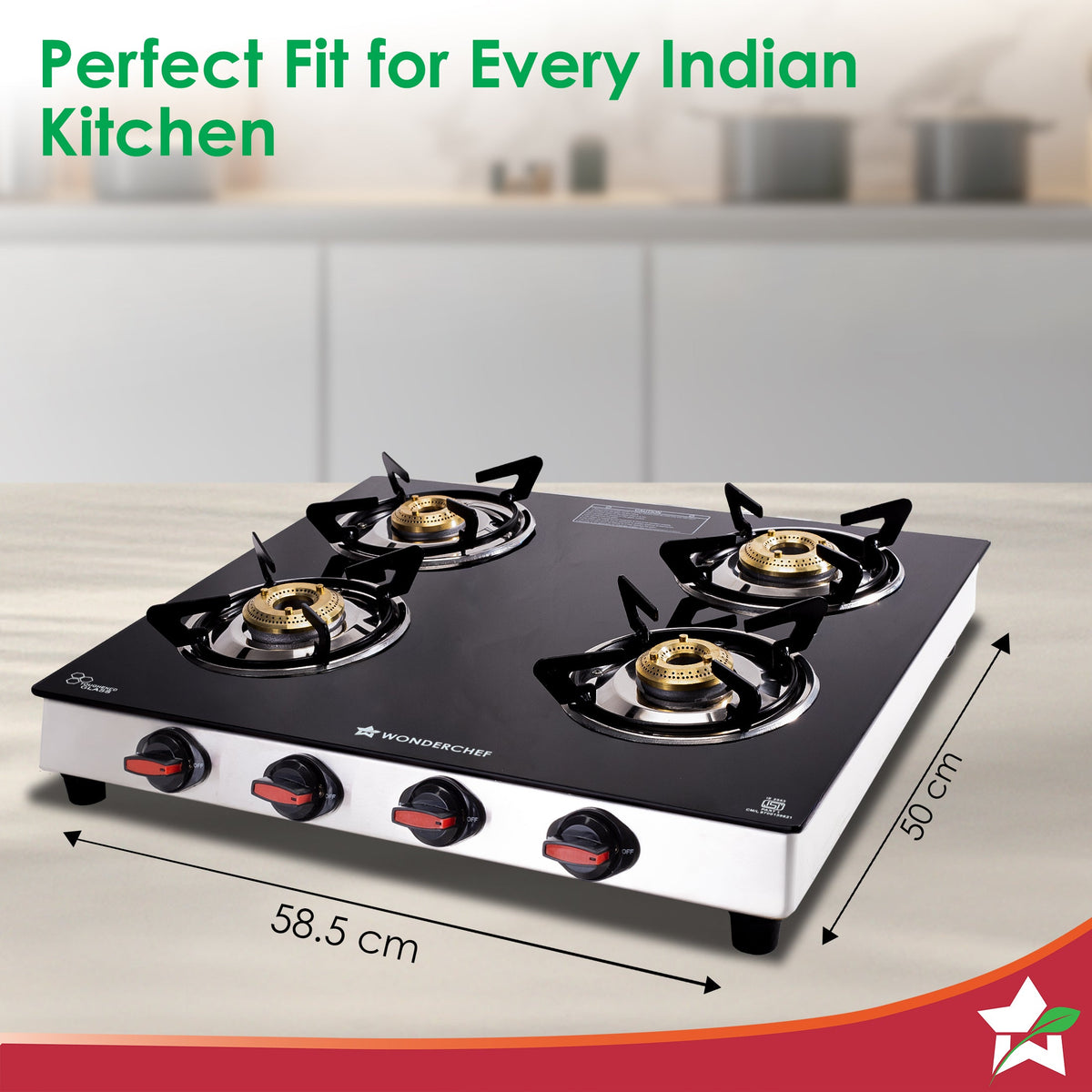 Wonderchef Galaxy Auto-Ignition 4 Brass Burner Gas Stove, LPG Gas Stove for Kitchen, No Lighter Needed, ISI Toughened Gl