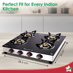 Wonderchef Galaxy Auto-Ignition 4 Brass Burner Gas Stove, LPG Gas Stove for Kitchen, No Lighter Needed, ISI Toughened Gl