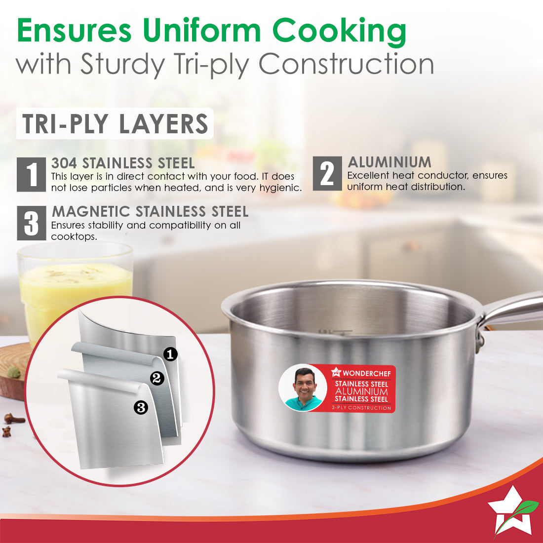 Wonderchef Stella Triply Stainless Steel Milk Pan | 16 cm, 1.7 Litres | Compatible with Gas Stove, Induction, Ceramic Co